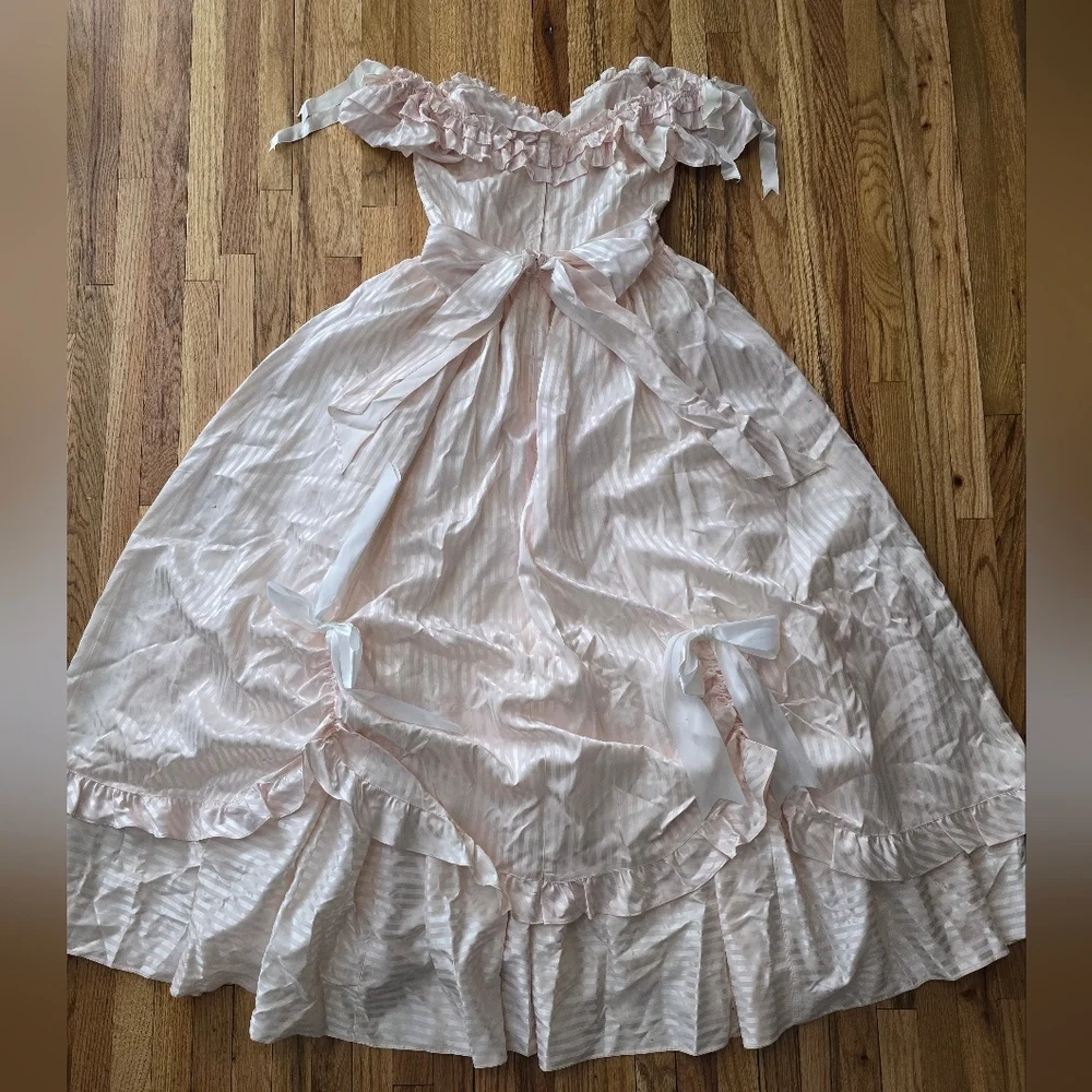 Vtg 80s Gunne Sax Striped Pink Southern Belle Gown Size 10 Bows Ruffles Layered - Picture 4 of 10